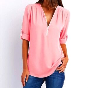 🟨 ☆ NWOT ☆ Sheer Pink Pull-Sleeve V-Neck Chiffon Blouse w Zipper Large